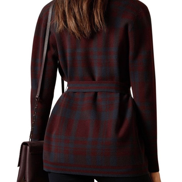 Ted Baker Maroon Red and Navy Blue Checkered Longline Belted Cardigan - Picture 2 of 15